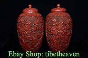 10.4" Marked Old China Red Lacquer Ware Palace Peony Flower Tank Jug Jar Pair