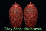 10.4" Marked Old China Red Lacquer Ware Palace Peony Flower Tank Jug Jar Pair