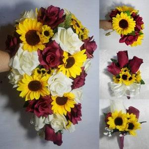 Burgundy Ivory Rose Sunflower Bridal Wedding Bouquet Accessories