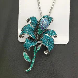 Women's Blue Green Crystal Lily Flower Pendant Fashion Necklace/Brooch