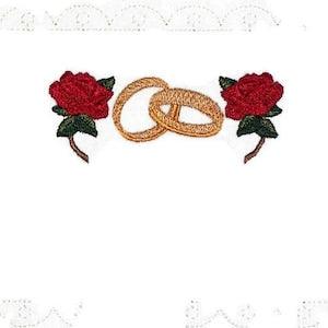Wedding rings & roses embroidered quilt label, to customize with your personal message