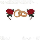 Wedding rings & roses embroidered quilt label, to customize with your personal message