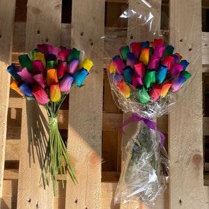 36 Bright Wooden Roses in a Choice of Vibrant Colours, Everlasting Flower Bouquet, 3 Dozen Rose Buds in Cellophane - Instant Floral Gift