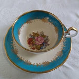 AYNSLEY CUP & Saucer Turquoise With Pink rose Bouquet Gold Trim Signed JA Bailey 1 of 2 Available
