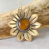 Sunflower Necklace with Tiger eye, Gold , Mixed metal Jewelry, Flower Necklace for women, Fall jewelry boho style