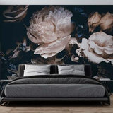 white peony wallpaper with dark blue background,giant peony bouquet wall mural,flowers wall paper,removable Peel and Stick | Regular