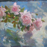 Pink roses, Original Floral artwork, Impressionism, Flowers bouquet, Blue painting, Romantic Gift for Her, Oil Canvas painting by N.Hramova