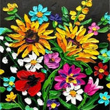 Impasto Sunflowers Painting Original Flowers on Black Background Art Forget-me-not Oil Painting Poppies Palette Knife Art Garden Flowers Art