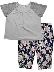 Womens Gray Black Carnation Flower Pajamas Lace Trimmed Capri Sleep Set