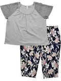 Womens Gray Black Carnation Flower Pajamas Lace Trimmed Capri Sleep Set