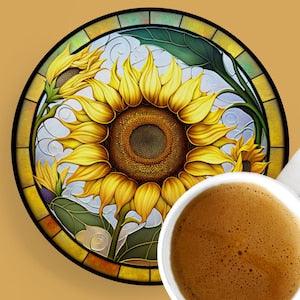 Sunflower Coaster, Stained Glass Design, Garden Lover Gift, Nature Home Decor, Ceramic Coaster, Eco-Friendly Home, Coffee Table Decor