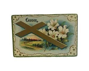 Antique German EASTER POSTCARD Gold Cross & Stars,White Lilies,Rural,Sheep 2153