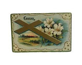 Antique German EASTER POSTCARD Gold Cross & Stars,White Lilies,Rural,Sheep 2153