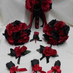 Wedding  Silk Flower Bridal Bouquets Your Colors 18 pcs Package  Apple Red Black Roses  Toss Bridesmaids  Boutonniere Corsages New