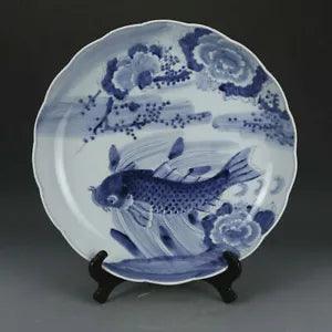 17.5" China Old Porcelain ming dynasty Blue white fish peony flower large Plate