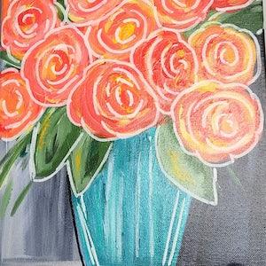 Hand painted acrylic orange roses ranunculus bouquet flowers 9 x 12  stretched canvas "Orange Flowers in Teal Vase" # 41