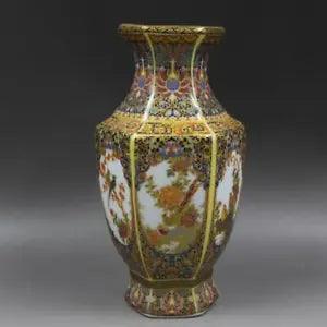 9.3" Chinese Colour Enamels Porcelain Gild Bamboo Peony Flower Magpie Bird Vase