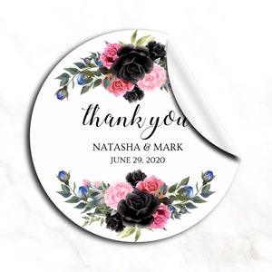Black rose floral labels, Wedding favor labels, Flowers thank you label, Rose bouquet labels bridal shower, Bridal shower label stickers