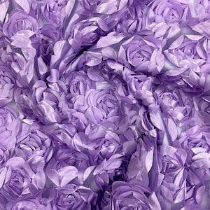 Lilac Rosette Fabric 3D Floral Fabric By The Yard, Peony Bouquet Fabric on Mesh, 3D Rosette Satin Fabric Wedding Decor.