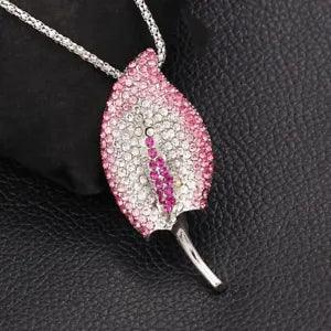 Green & Pink Crystal Rhinestone Peace Lily Flower Pendant Chain Necklace/Brooch