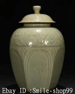 10.2" Old Qing Dynasty Yaozhou Kiln Porcelain Peony Flower General Crock Pot Jar
