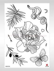 womens tattoos snake peony flower large 8.25" temporary tattoo