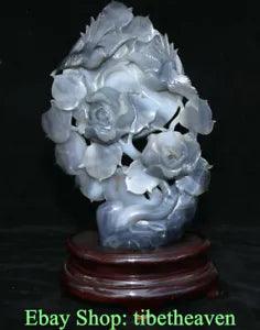 14" Boutique China Natural Agate Chalcedony Carving Peony Flower Bird Statue