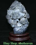 14" Boutique China Natural Agate Chalcedony Carving Peony Flower Bird Statue