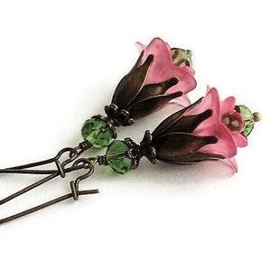 Pink and Olive Green Victorian Flower Earrings, Antique Brass Lightweight Dangles, Romantic Nature Jewelry, Hand Painted Botanical Earrings