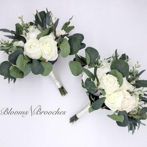 Artificial Wedding Flowers, Roses Eucalyptus Peony Wedding Bouquets, Silk Bridal Bridesmaids Flowers for Weddings, White Ivory Bouquets