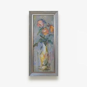 Vintage original framed oil painting. By Ukrainian artist N. Blizhina. Vertical impressionist roses Still Life. Fine art. One of a kind.