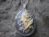 (LOCKET) LILY OF THE VALLEY SILVER PLATED LOCKET (CREAM ON LAVENDER) -- wedding