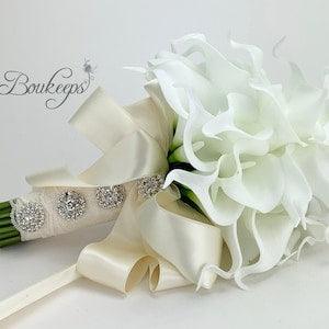 Choose Calla Lily & Ribbon Color - White Calla Lily Bridal Bouquet, White Bouquet, White Real Touch Bouquet, Bling, Rhinestones, Lace