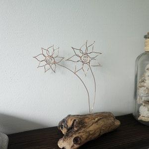 Twin Sunflowers Boho Beach Driftwood Copper Wire Flower Sculpture