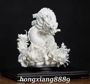 19.8" Old China Dehua White Porcelain Fengshui Dragon Beast Peony Flower Statue