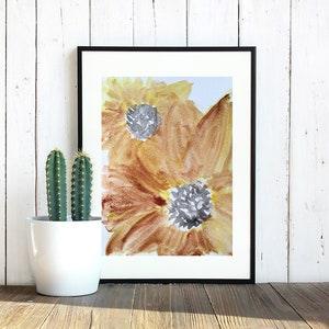 Metallic watercolor painting of sunflower, wall art, home decor, original poster art, birthday gift, watercolor flower, flower field
