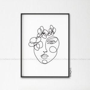 Orchid Flowers Woman's Face art. One Line Drawing Print, Minimalist Wall Printable Decor, Abstract Beauty Portrait. Black and white line art