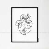 Orchid Flowers Woman's Face art. One Line Drawing Print, Minimalist Wall Printable Decor, Abstract Beauty Portrait. Black and white line art