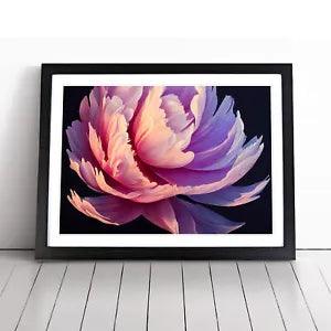 Framed peony flower wall art print with colorful petals in black and white frame
