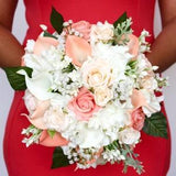 CORAL WEDDING BOUQUET , Wedding Bouquet , Real Touch Coral and White Wedding Bouquet , Rose Hydrangea and Calla Lilies , Navy Ribbon