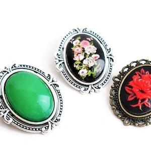 Vintage Style Petite Oval Cameo Brooch, Jade Green Lucite Cabochon Brooch, Brass Filigree Red Rose Lapel Pin, Antique Silver Bouquet Brooch