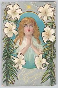 Postcard Easter Young Girl Praying Lily Flowers Star Embossed Winsch Back 1911