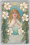 Postcard Easter Young Girl Praying Lily Flowers Star Embossed Winsch Back 1911
