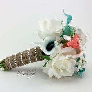 CHOOSE RIBBON COLOR - Coral, Teal, Robin??s Egg Blue, and White Calla Lily, Rose Bouquet, Bridal Bouquet, Babys Breath, Starfish