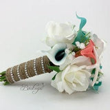 CHOOSE RIBBON COLOR - Coral, Teal, Robin??s Egg Blue, and White Calla Lily, Rose Bouquet, Bridal Bouquet, Babys Breath, Starfish