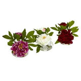 NEW SILK ARTIFICIAL FAKE PEONY FLOWER ARRANGEMENTS w/ GLASS VASE - SET of 3