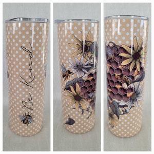 Be Kind Honeycomb 20oz Stainless Steel Tumbler/Travel Mug with Slider Lid and Straw | Bee Kind | Bumblebee | Beehive | Polka Dot | Sunflower