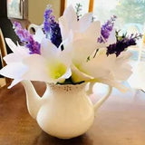 Small white teapot vase w lilies/lavender faux flowers home decor