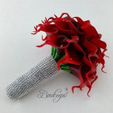 CHOOSE RIBBON COLOR - Red Calla Lily Bouquet with Bling, Real Touch Dark Red Calla Lily Bouquet, Red Bridal Bouquet, Rhinestones, Diamond