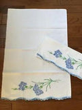 Vintage EMBROIDERED PILLOWCASE PAIR Std. White/Blue Carnations Crochet Trim EXC